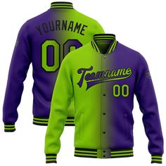 Custom Purple Neon Green-Black Bomber Full-Snap Varsity Letterman Gradient Fashion Jacket Team-colored Long Sleeve Varsity Jacket With Team Name, Throwback Long Sleeve Varsity Jacket For Sports Events, Team-colored Varsity Jacket With Baseball Collar, Team Spirit Varsity Jacket With Baseball Collar, Varsity Jacket With Team Name And Long Sleeves, Varsity Style Jacket With Team Name, Collegiate Varsity Jacket With Team Name And Baseball Collar, Collegiate Varsity Jacket With Baseball Collar, Team Spirit Varsity Jacket With Letter Print