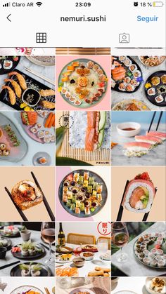 an iphone photo collage with sushi and other food items on the phone screen