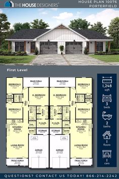 two story house plan with three garages and an open floor plan for the first level