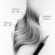 a pencil drawing of a long hair with the words shadows and highlights below it