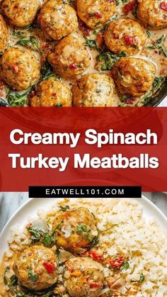 creamy spinach turkey meatballs with white rice in a pan and on a plate