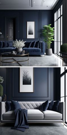 two pictures of a living room with blue walls