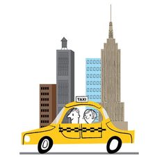 a yellow taxi cab driving past tall buildings