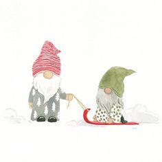 two gnomes are pulling a sled with snow on it and one is holding onto the sleigh