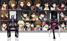 an anime character collage with many different characters in front of him and the background