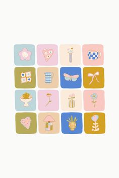 an image of some square icons on a white background with pink, blue and yellow colors