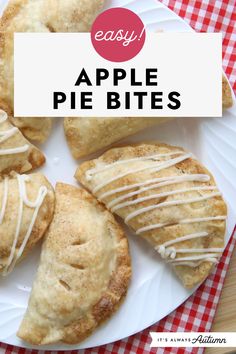 apple pie bites on a white plate with a red and white checkered tablecloth