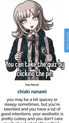 an anime character with the caption you can take the quiz by clicking the pin