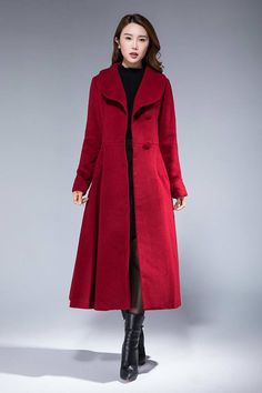 warm winter coat coat jacket fit and flare coat maxi coat Red Wool Coat With Buttons For Winter, Fitted Red Wool Long Coat, Fitted Red Wool Coat For Winter, Red Long Wool Coat With Buttons, Red Long Wool Coat For Winter, Fit And Flare Coat, Woman Coat, Long Wool Coat, Maxi Coat