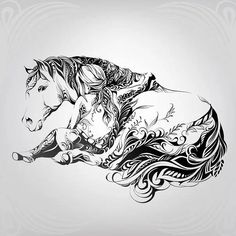 a black and white drawing of a horse laying on its back with an intricate pattern