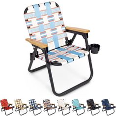 a folding lawn chair with multiple colors and patterns on it, all in different sizes