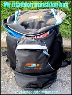 a backpack sitting on the ground with its contents in it's back pocket and text overlay that reads, my meditation transition bag