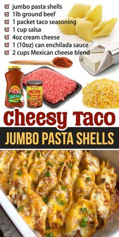 cheesy taco jumbo pasta shells recipe is shown in this advert