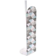 a skateboard is standing up against a white background with geometrical designs on it