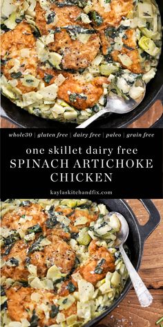 two pictures of chicken and spinach in a skillet with the words easy day free