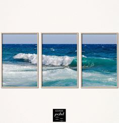 three pictures of the ocean with waves coming in to shore and one is framed on a white wall