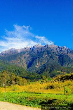 the mountains are covered in green grass and trees