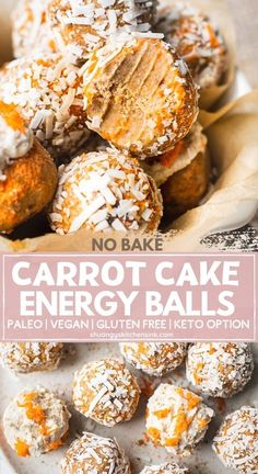 no bake carrot cake energy balls on a white plate with text overlay that reads, no bake carrot cake energy balls pale vegan gluten free keto option