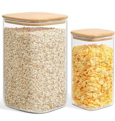 three jars with different types of cereal in them