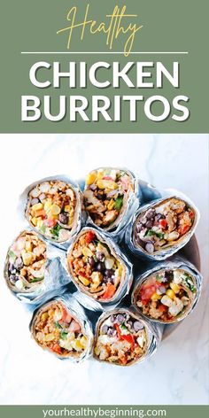 a healthy recipe for chicken burritos you can make ahead for freezer meals & meal prep Chicken Burrito Meal Prep, Make Ahead Chicken Burritos Freezer Recipes, Lunch Burritos Make Ahead, Healthy Tv Dinners, Freezer Burritos Chicken, Healthy Freezer Burritos, Meal Prep Lunch Burritos, Frozen Chicken Burritos, Make Ahead Freezer Burritos