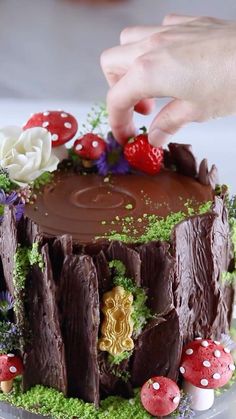 someone is decorating a chocolate cake with green frosting and strawberries on top