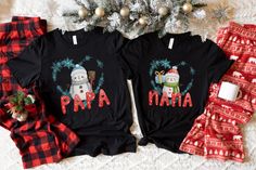 Matching Christmas Couple Shirts for Nana & Papa! These adorable Christmas tees will be perfect for handing out presents on Christmas morning, or for spending time with the grandkids baking cookies & watching Christmas movies.  ►Customizable! If you have a different name for your grandma or grandpa, enter it in the personalization box.  ►Please check Size Charts in Photos! *Unisex Sizing for Adults - Bella Canvas 3001  *Now available in VNeck for women ►Fabrication: The Premium Bella Canvas Shirt fits like a well-loved favorite, featuring a crew neck, short sleeves and designed with superior combed and ring-spun cotton. Features: Side seamed. Retail fit. Unisex sizing. Shoulder taping. Tear Away Label. Light Fabric. ►Please contact me direct with any order problems and I will be happy to f Christmas Couple Shirts, Nana Christmas, Watching Christmas Movies, Couples Christmas, Watch Christmas Movies, Baking Cookies, Christmas Pjs, Christmas Couple, Shirt Fits