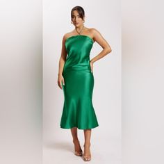 Ivana Satin Halter Midi Dress - Size Small. Brand New Chic Green Knee-length Strapless Dress, Green Strapless Midi Length Dress For Night Out, Green Sheath Midi Dress For Cocktail, Green Sheath Cocktail Midi Dress, Green Strapless Midi Dress For Evening, Green Strapless Dress For Formal Spring Events, Chic Green Satin Strapless Dress, Satin Green Dress, Meshki Dresses