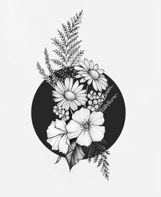 a black and white drawing of flowers in a circle