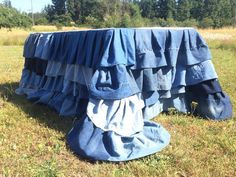 there is a blue cloth on top of a table in the grass with trees in the background