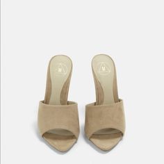 New Nude Faux Suede Peep Toe Mules Beige Open Toe Mules With Stacked Heel, Beige Slip-on Mules With Stacked Heel, Beige Slip-on Suede Mules, Suede Mules With Almond Toe, Medium Width, Suede Mules With 4-inch Heel, Slip On Sandal, Faux Suede, Shoes Women Heels, Shoes Heels