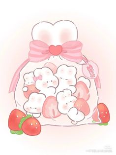 a drawing of a bag full of strawberries with a pink bow on the top