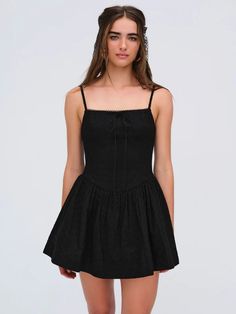 Beau Mini Dress — Black | For Love & Lemons Black Short Dress Casual, Thrift Wishlist, Vibrant Dress, Squared Neckline, Perfect Little Black Dress, Lemon Dress, Black Mini Dress, Skirt Fits, Gathered Skirt