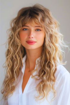 Curly Blonde Layers Long Hairstyle with Bangs. Curly Hair With Bangs Blonde, Blonde Curly Hair With Bangs, Long Curly Hair With Bangs And Layers, Curly Hair Cuts With Layers And Bangs, Haircut Ideas Brown Hair, Long Layered Hair With Bangs, Pregnancy Hairstyles, Curly Cuts