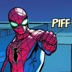 the animated spider - man is pointing at something