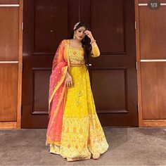 Yellow Desi Lehenga (Bangali, Pakistani, & Indian Cloths) Mehndi Outfit My Height Is 5’4 Top: (Comfortable Fit Not Tight) Shoulder/Tira: 15 1/2 Chest Breast: 40 Arm Cut/Hole: 17 Arm: 12 But Little Lose Neck: 7 Lehenga Length Is Like: 42 From Hip Size: 4 Or 6 Will Fit Wear It Only Once Lehenga (Desi Pakistani, Indian & Bengali Clothing ) Pant Lehenga, Desi Lehenga, Mehndi Outfit, Tight Shoulders, Workout Wear, Indian Outfits, Orange Pink, Lehenga, Pink And Orange