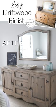 a dresser and mirror with the words easy driftwood finish