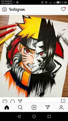 a drawing of naruto on paper with colored pencils next to it and an instagram