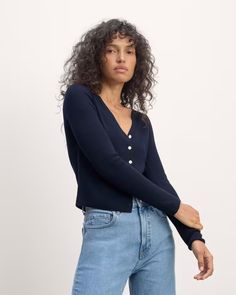 The Cardigan in Ultrasoft Merino Navy – Everlane Fitted Long Sleeve Henley For Spring, Fitted Long Sleeve Spring Henley, Classic Fitted Long Sleeve Cropped Sweater, Classic Fitted Cropped Sweater With Long Sleeves, Fitted Long Sleeve Ribbed Henley, Everlane Long Sleeve Sweater, Everlane Long Sleeve Winter Tops, Everlane Fitted Long Sleeve Tops, Winter Shopping