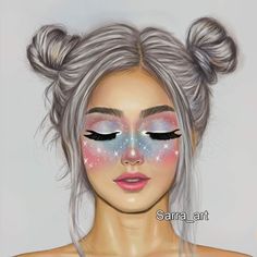 a digital painting of a woman's face with stars on her eyes and hair