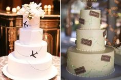 two different wedding cakes with names on them