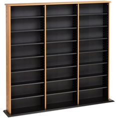 an empty bookcase with four shelves and two doors on each side, in black