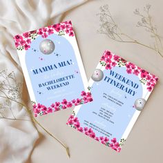 two pink and blue wedding cards with flowers on them