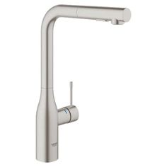 the kitchen faucet is shown in stainless steel with an angled spout and side spray