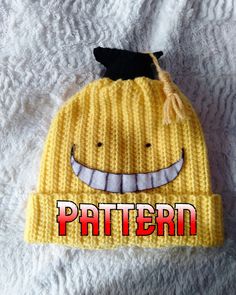 a knitted hat with the word pattern on it