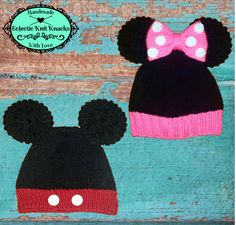 two knitted mickey mouse hats with pink and black ears