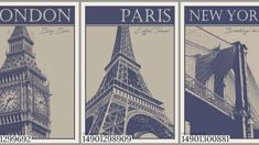 three stamps with the eiffel tower in paris, new york and london on them