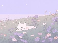 a cat laying in the middle of a field of flowers