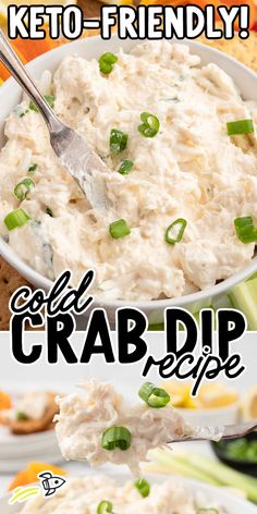 a bowl of crab dip with the words keto - friendly in front of it