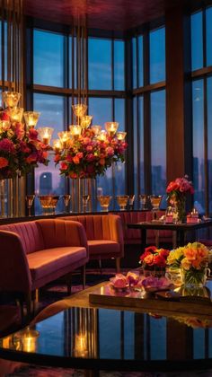 a room filled with lots of tables and chairs next to tall windows covered in flowers