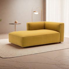 a yellow couch sitting on top of a white rug